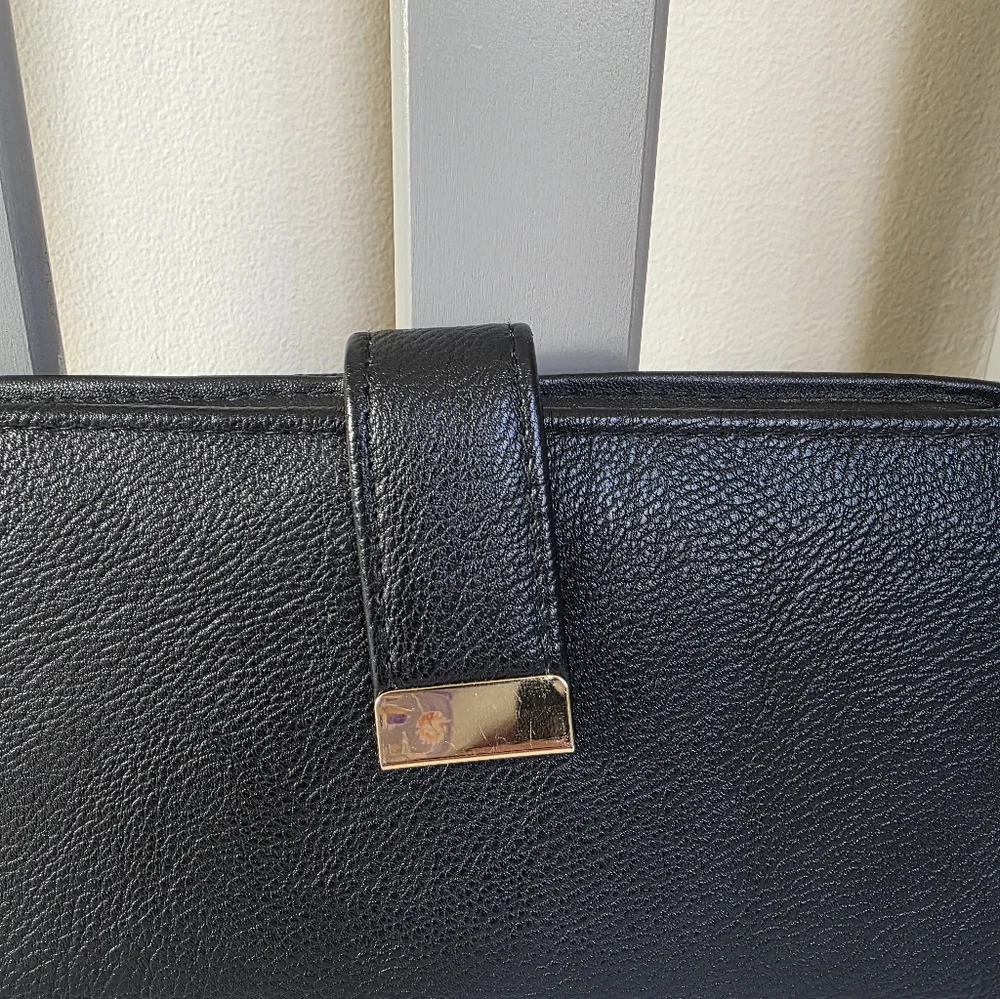 Black Faux Leather Bi Fold Wallet with Gold Snap Accent